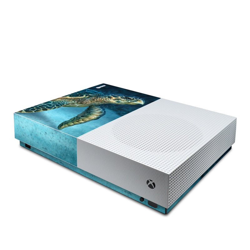 Xbox One S All Digital Edition Skin design of Water, Nature, Organism, Reptile, Turtle, Hawksbill sea turtle, Underwater, Wildlife, Sea turtle, Reef, with green, gray, blue, white colors