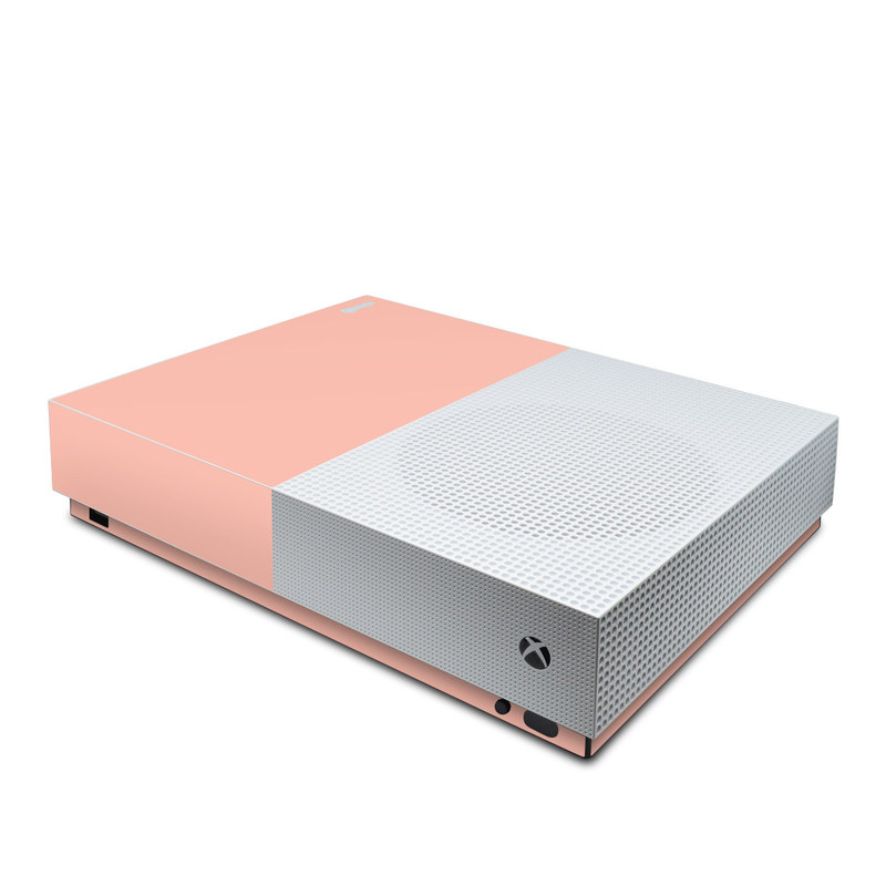 Xbox One S All Digital Edition Skin design of Orange, Pink, Peach, Brown, Red, Yellow, Material property, Font, Beige, with orange, yellow, white colors