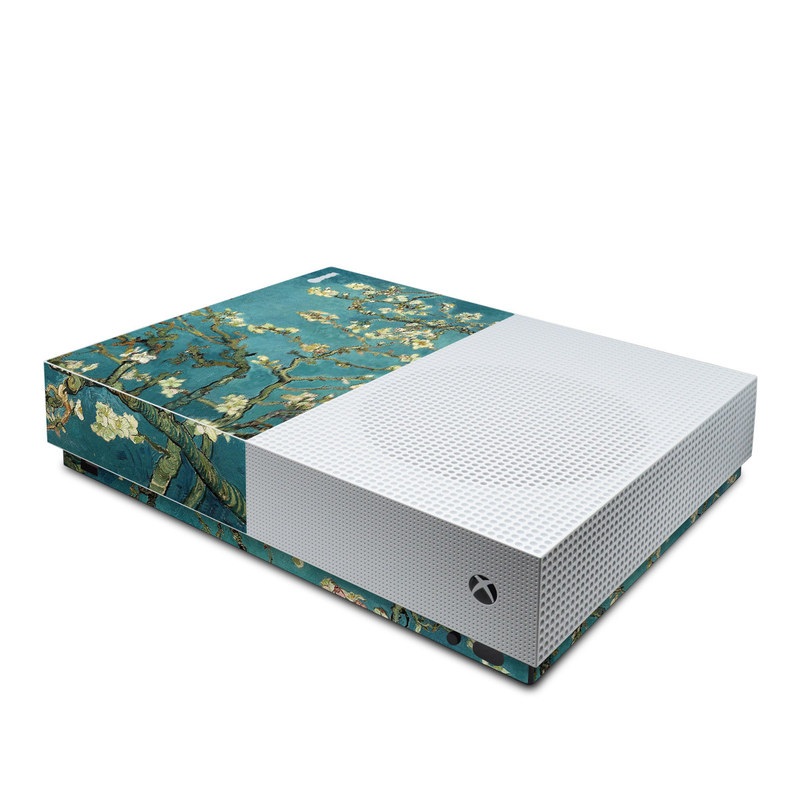 Xbox One S All Digital Edition Skin design of Tree, Branch, Plant, Flower, Blossom, Spring, Woody plant, Perennial plant, with blue, black, gray, green colors