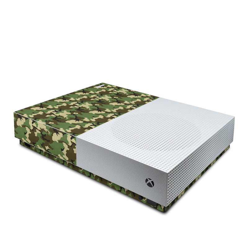 Xbox One S All Digital Edition Skin design of Military camouflage, Camouflage, Clothing, Pattern, Green, Uniform, Military uniform, Design, Sportswear, Plane, with black, gray, green colors