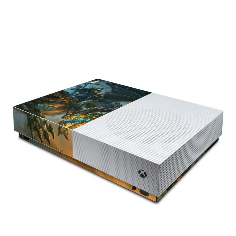 Xbox One S All Digital Edition Skin design of Dragon, Cg artwork, Fictional character, Mythical creature, Demon, Mythology, Illustration, Cryptid, Art, with orange, yellow, black, brown, blue, white colors