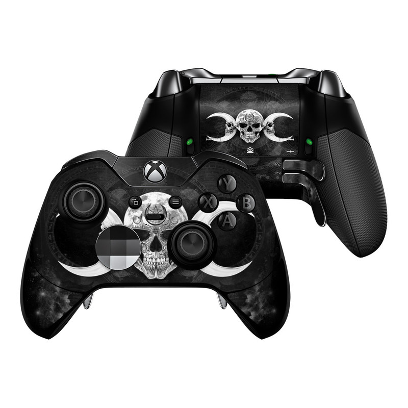 Xbox One Elite Controller Skin design of Bone, Skull, Darkness, Monochrome, Black-and-white, Circle, Symmetry, Visual Arts, Illustration, Skeleton, Drawing with black, white, gray colors