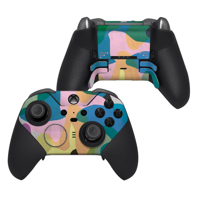 Xbox Elite Controller Series 2 Skin design of Azure, Paint, Textile, Organism, Art, Painting, Aqua, Font, Rectangle, Tints and shades, with blue, green, pink, yellow, orange, purple, gray colors