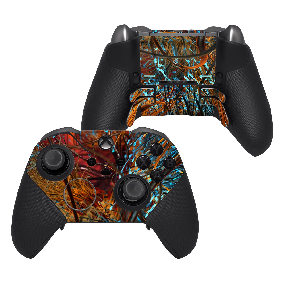 Xbox Elite Controller Series 2 Skin design of Orange, Tree, Electric blue, Organism, Fractal art, Plant, Art, Graphics, Space, Psychedelic art, with orange, blue, red, yellow, purple colors