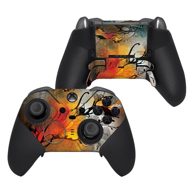 Xbox Elite Controller Series 2 Skin design of Yellow, Orange, Art, Branch, Leaf, Graphic design, Visual arts, Pattern, Design, Modern art, with black, red, orange, yellow colors