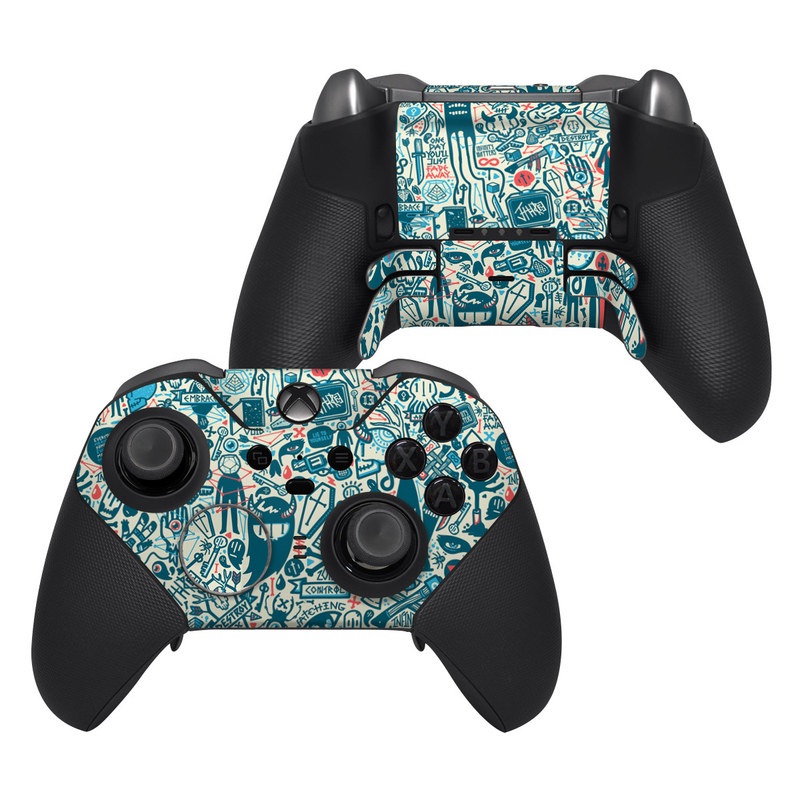 Xbox Elite Controller Series 2 Skin design of Pattern, Psychedelic art, Turquoise, Art, Design, Visual arts, Line, Drawing, Doodle, Graphic design, with white, green, blue, red colors