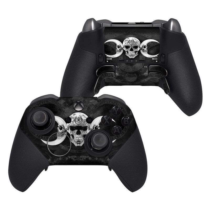 Xbox Elite Controller Series 2 Skin design of Bone, Skull, Darkness, Monochrome, Black-and-white, Circle, Symmetry, Visual Arts, Illustration, Skeleton, Drawing, with black, white, gray colors