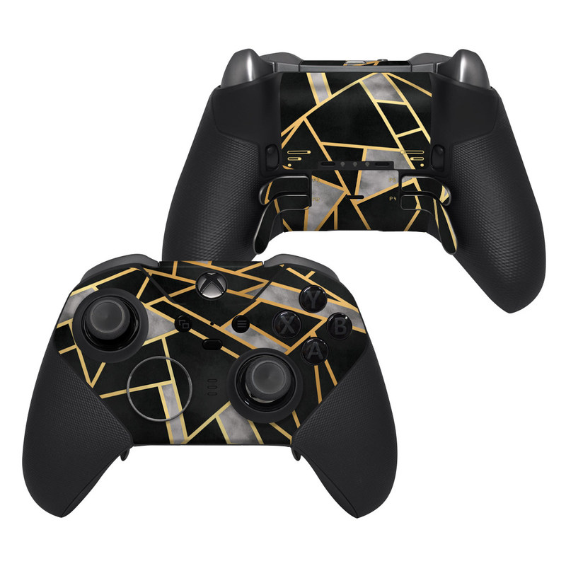 Xbox Elite Controller Series 2 Skin design of Pattern, Triangle, Yellow, Line, Tile, Floor, Design, Symmetry, Architecture, Flooring, with black, gray, yellow colors