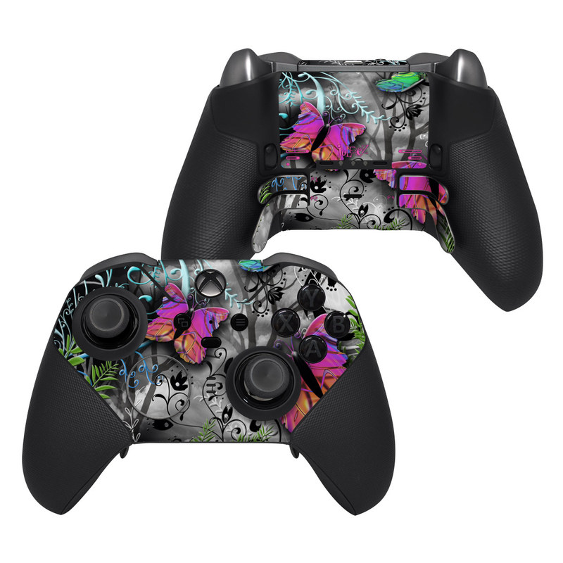 Xbox Elite Controller Series 2 Skin design of Butterfly, Pink, Purple, Violet, Organism, Spring, Moths and butterflies, Botany, Plant, Leaf, with black, gray, green, purple, red colors