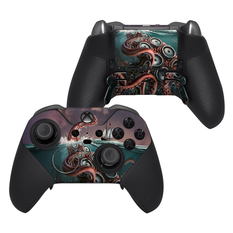 Xbox Elite Controller Series 2 Skin design of Octopus, Water, Illustration, Wind wave, Sky, Graphic design, Organism, Cephalopod, Cg artwork, giant pacific octopus, with blue, gray, white, brown, red colors