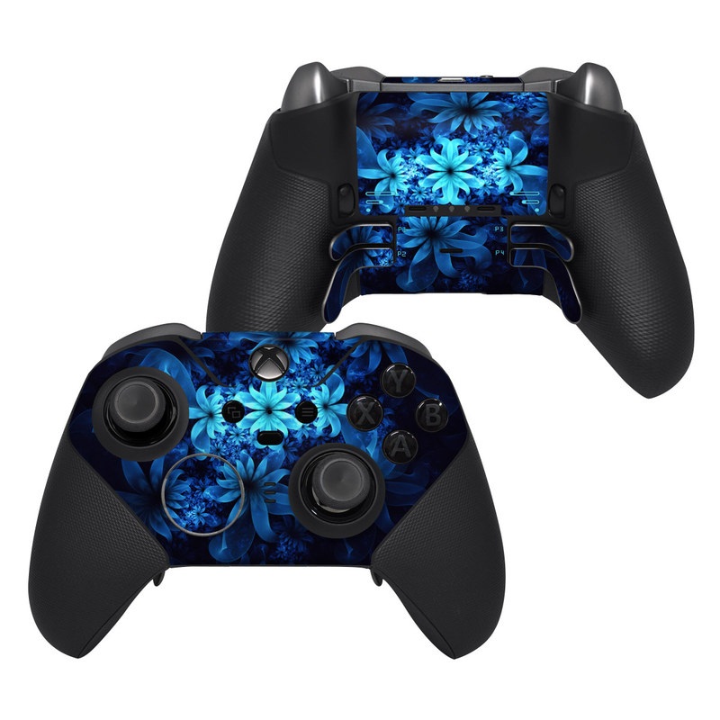 Xbox Elite Controller Series 2 Skin design of Nature, Blue, Petal, Organism, Darkness, Flower, Colorfulness, Electric Blue, Majorelle Blue, Pattern, Botany, Still Life Photography, Space, Aquatic Plant, Fractal Art, Visual Arts, Illustration, Symmetry, Midnight, Wildflower, Painting, Still Life, with black, blue, white colors