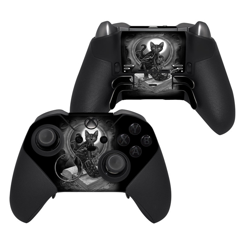 Xbox Elite Controller Series 2 Skin design of Cat, Boot, Book, Wand, Shoelace, Mirror, with black, white, gray colors