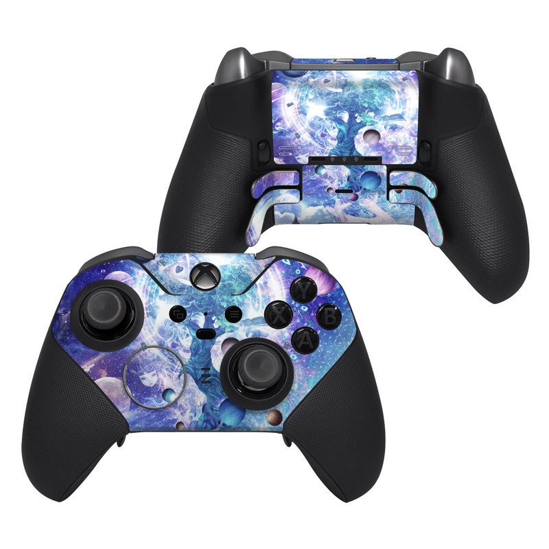 Xbox Elite Controller Series 2 Skin design of Bird, Butterfly, Planets, Deer, Space, Purple, World, Astronomical Object, Cg Artwork, Illustration, Universe, Painting, Fictional Character, Outer Space, Astronomy, Science, Water Feature, Graphic Design, Graphics, Star, Mythology, with blue, purple, white, black, gray, green colors