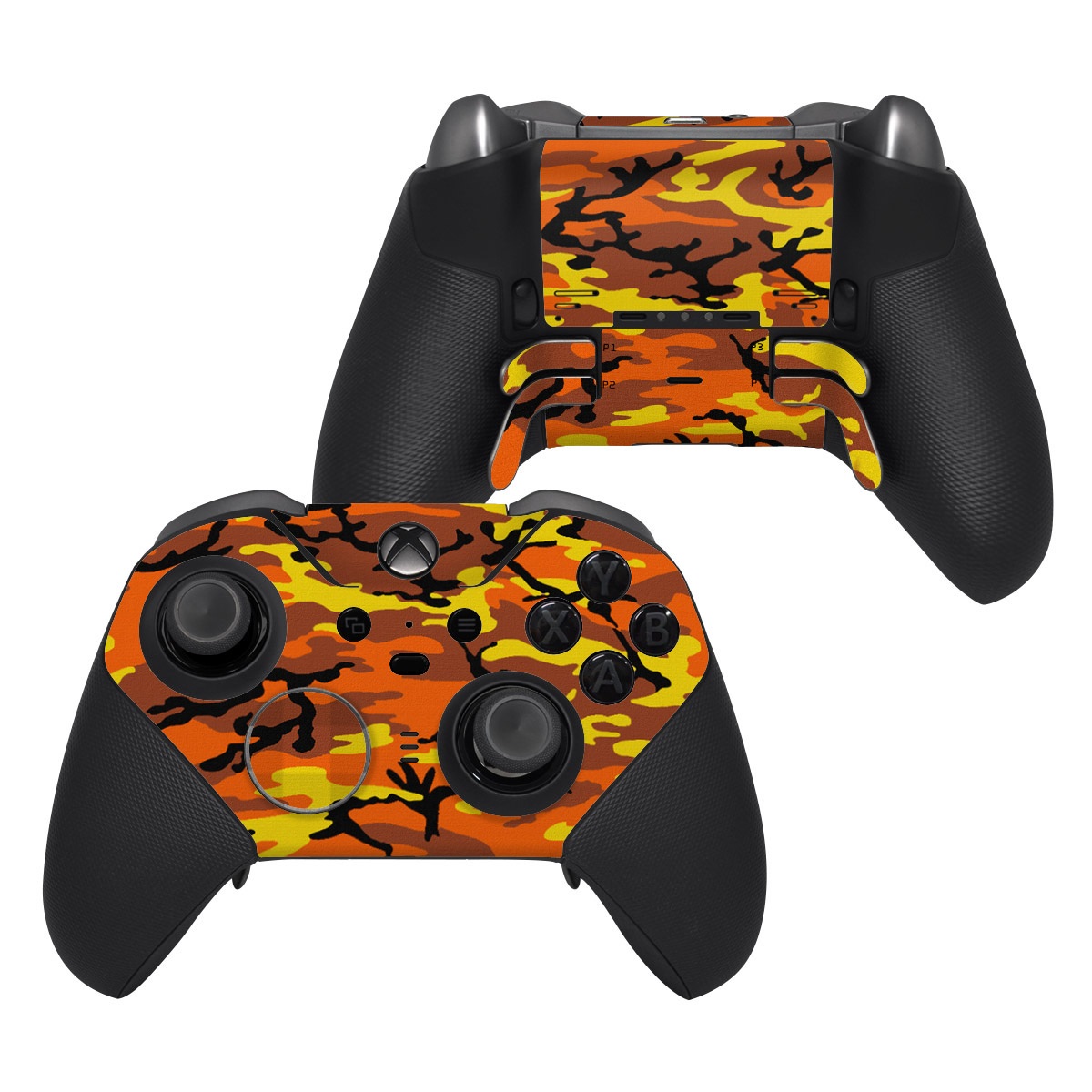 Xbox Elite Controller Series 2 Skin design of Military camouflage, Orange, Pattern, Camouflage, Yellow, Brown, Uniform, Design, Tree, Wildlife, with red, green, black colors