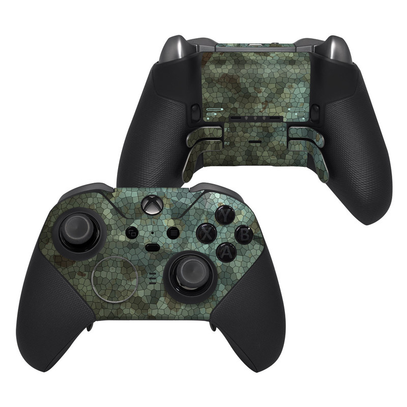 Xbox Elite Controller Series 2 Skin design of Green, Pattern, Brown, Wall, Design, Rock, Geology, Camouflage, Granite, Metal, with black, brown, blue, gray, white colors