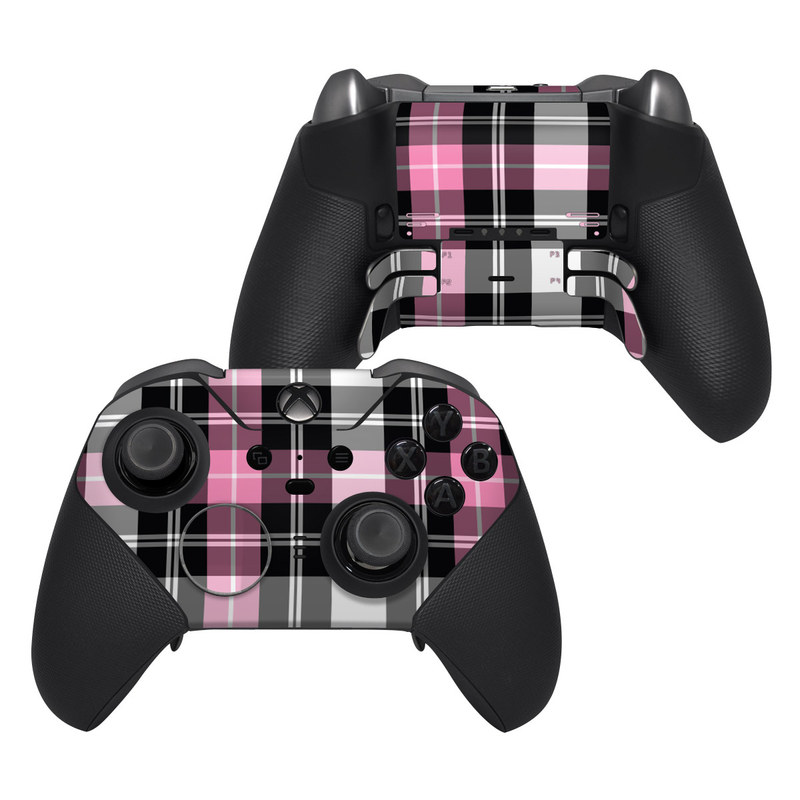 Xbox Elite Controller Series 2 Skin design of Plaid, Tartan, Pattern, Pink, Purple, Violet, Line, Textile, Magenta, Design, with black, gray, pink, red, white, purple colors