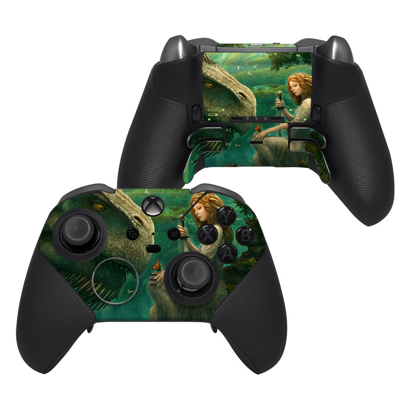 Xbox Elite Controller Series 2 Skin design of Dinosaur, Cg artwork, Mythology, Fictional character, Troodon, Extinction, Velociraptor, Illustration, Animated cartoon, Tyrannosaurus, with black, green, gray, red colors