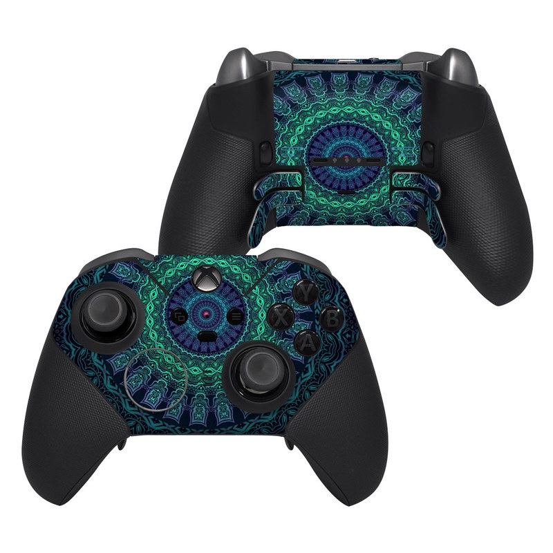 Xbox Elite Controller Series 2 Skin design of Colorfulness, Blue, Green, Pattern, Teal, Turquoise, Art, Electric Blue, Aqua, Circle, Majorelle Blue, Visual Arts, Fractal Art, Design, Symmetry, Psychedelic Art, Graphics, Kaleidoscope, Motif, with black, green, red colors