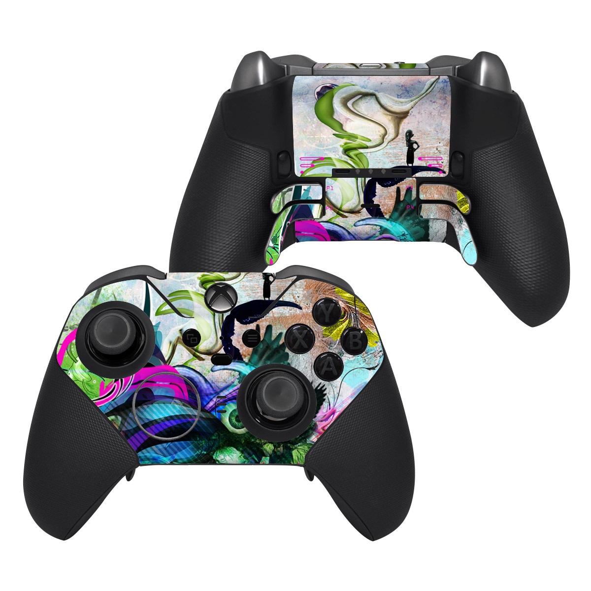 Xbox Elite Controller Series 2 Skin design of Graphic design, Psychedelic art, Art, Illustration, Purple, Visual arts, Graffiti, Street art, Design, Painting, with gray, black, blue, green, purple colors