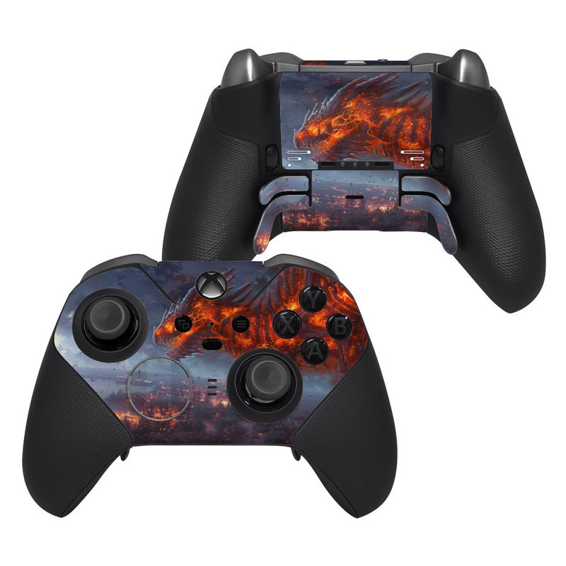 Xbox Elite Controller Series 2 Skin design of Geological phenomenon, Dragon, Cg artwork, Sky, Flame, Fictional character, Mythology, Lava, Demon, Heat, with red, blue, black colors