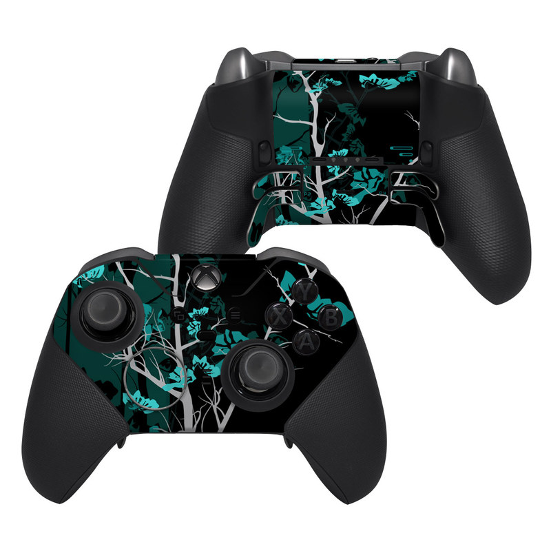 Xbox Elite Controller Series 2 Skin design of Branch, Black, Blue, Green, Turquoise, Teal, Tree, Plant, Graphic design, Twig, with black, blue, gray colors