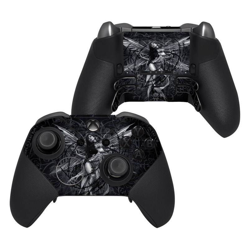 Xbox Elite Controller Series 2 Skin design of Illustration, Graphic design, Darkness, Fictional character, Black-and-white, Pattern, Graphics, Mythical creature, Circle, Wing, with black, white colors