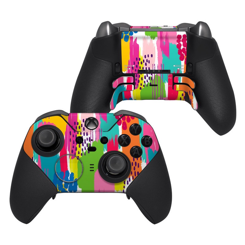 Xbox Elite Controller Series 2 Skin design of Colorfulness, Textile, Rectangle, Font, Line, Painting, Art, Magenta, Material property, Pattern, with white, pink, yellow, orange, blue, red colors