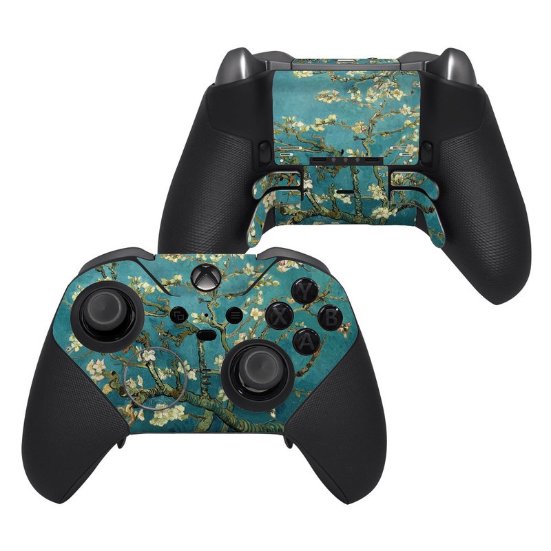 Xbox Elite Controller Series 2 Skin design of Tree, Branch, Plant, Flower, Blossom, Spring, Woody plant, Perennial plant, with blue, black, gray, green colors
