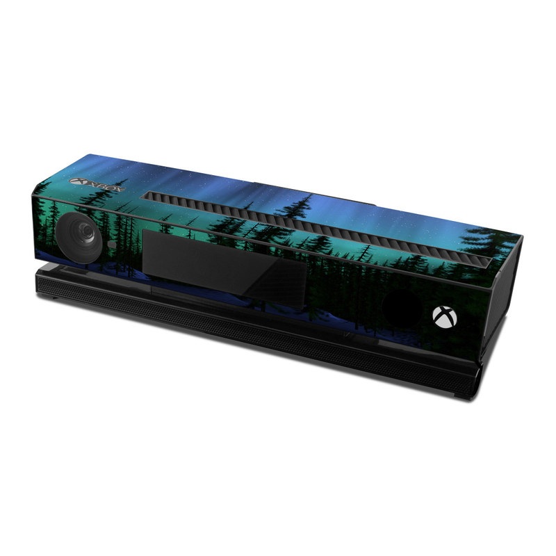Xbox One Kinect Skin design of Aurora, Nature, Sky, shortleaf black spruce, Natural landscape, Tree, Wilderness, Natural environment, Biome, Spruce-fir forest, with blue, purple, green, black colors