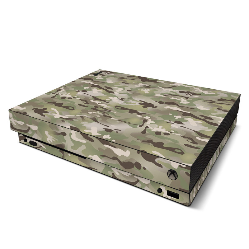Xbox One X Skin design of Military camouflage, Camouflage, Pattern, Clothing, Uniform, Design, Military uniform, Bed sheet with gray, green, black, red colors