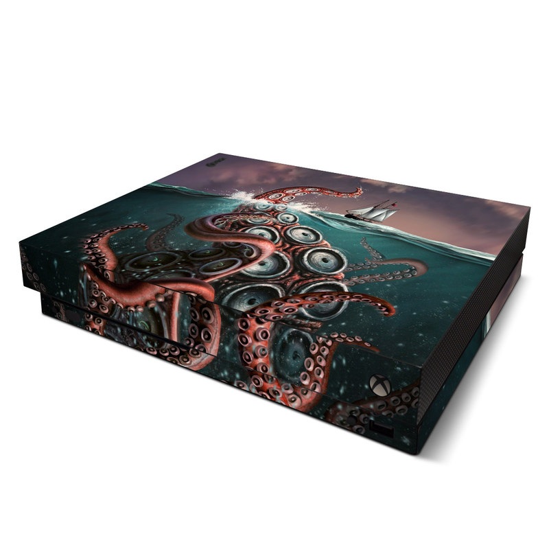 Xbox One X Skin design of Octopus, Water, Illustration, Wind wave, Sky, Graphic design, Organism, Cephalopod, Cg artwork, giant pacific octopus, with blue, gray, white, brown, red colors