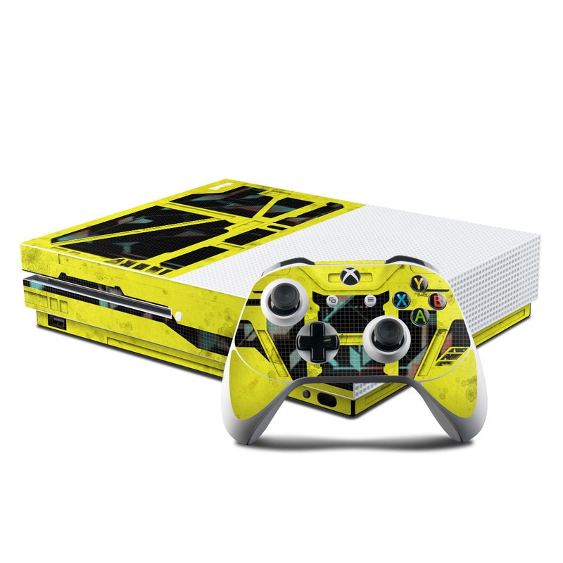 Xbox One S Skin design of Yellow, Green, Font, Pattern, Graphic design with black, yellow, gray, blue, green colors
