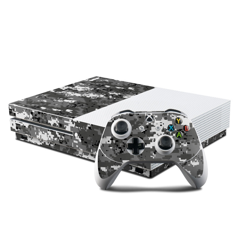 Xbox One S Skin design of Military camouflage, Pattern, Camouflage, Design, Uniform, Metal, Black-and-white with black, gray colors