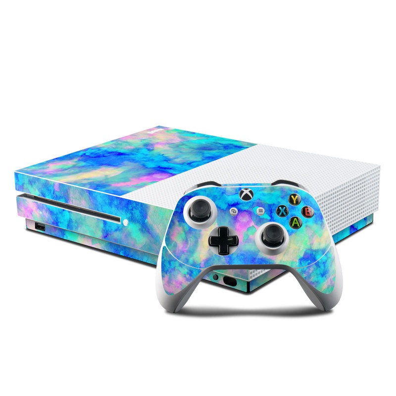 Xbox One S Skin design of Blue, Turquoise, Aqua, Pattern, Dye, Design, Sky, Electric blue, Art, Watercolor paint, with blue, purple colors