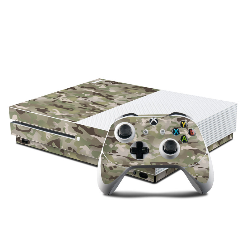 Xbox One S Skin design of Military camouflage, Camouflage, Pattern, Clothing, Uniform, Design, Military uniform, Bed sheet with gray, green, black, red colors