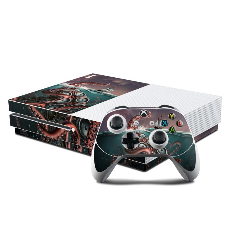 Xbox One S Skin design of Octopus, Water, Illustration, Wind wave, Sky, Graphic design, Organism, Cephalopod, Cg artwork, giant pacific octopus with blue, gray, white, brown, red colors