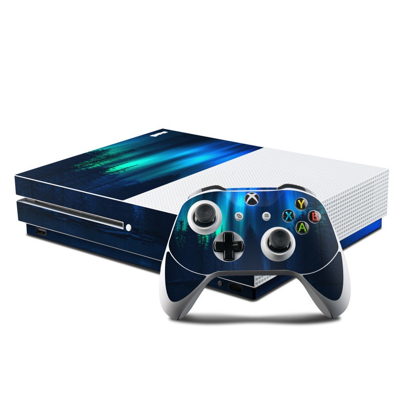 Xbox One S Skin design of Blue, Light, Natural environment, Tree, Sky, Forest, Darkness, Aurora, Night, Electric blue with black, blue colors
