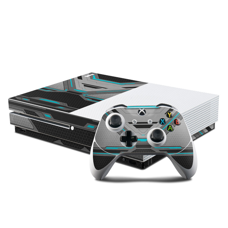 Xbox One S Skin design of Blue, Turquoise, Pattern, Teal, Symmetry, Design, Line, Automotive design, Font with black, gray, blue colors