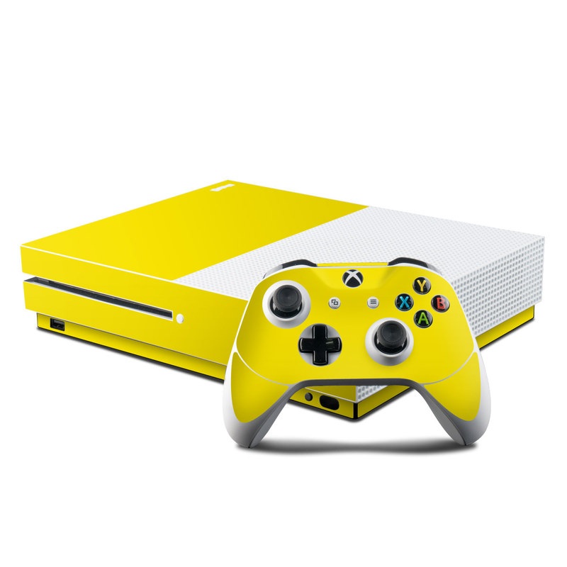 Xbox One S Skin design of Green, Yellow, Orange, Text, Font with yellow colors
