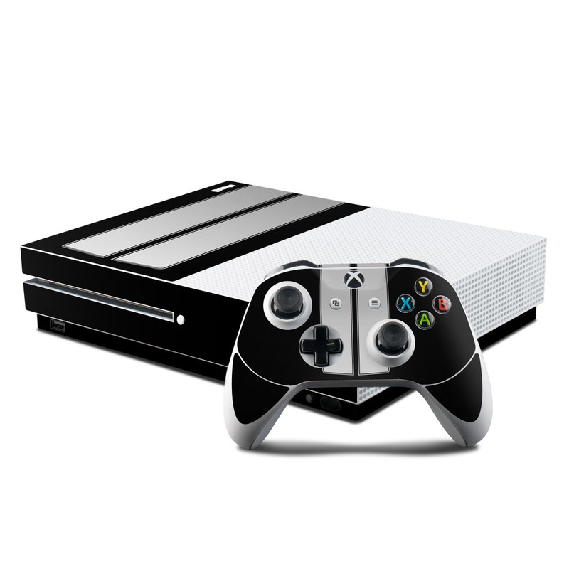 Xbox One S Skin design of Font, Architecture, Rectangle with black, gray colors
