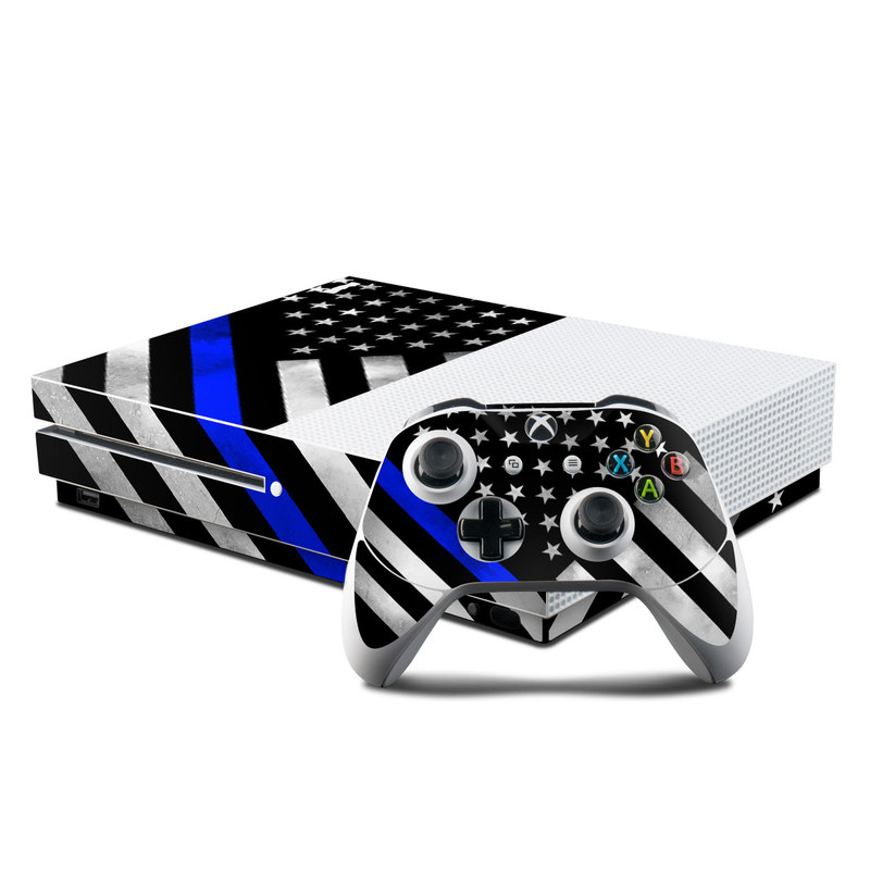 Xbox One S Skin design of Flag of the united states, Flag, Cobalt blue, Pattern, Line, Black-and-white, Design, Monochrome, Electric blue, Parallel with black, white, gray, blue colors