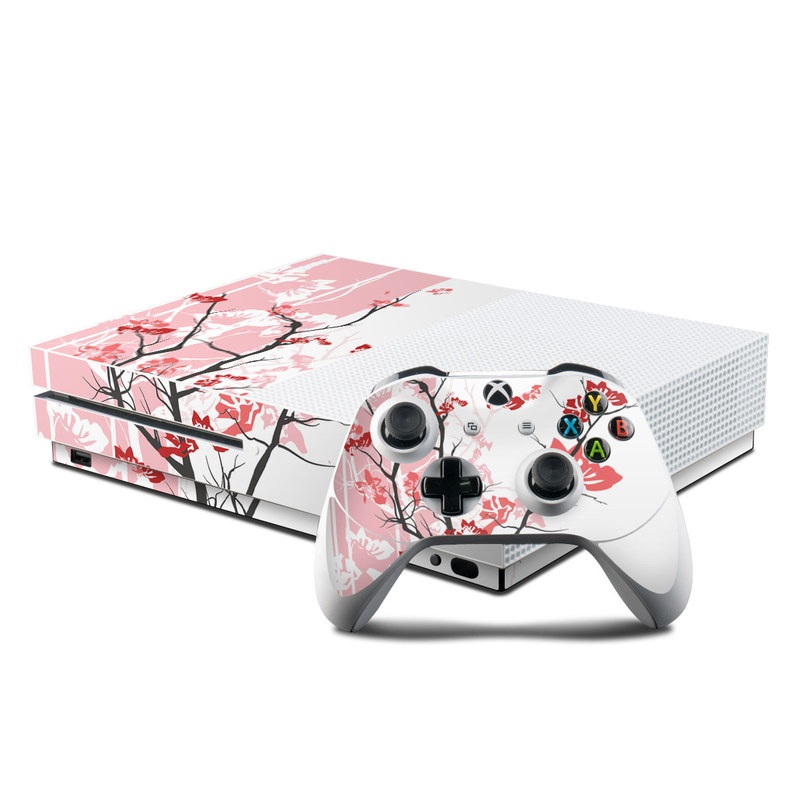 Xbox One S Skin design of Branch, Red, Flower, Plant, Tree, Twig, Blossom, Botany, Pink, Spring with white, pink, gray, red, black colors