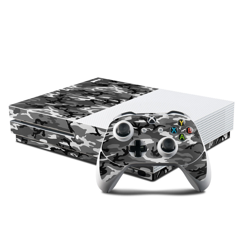 Xbox One S Skin design of Military camouflage, Pattern, Clothing, Camouflage, Uniform, Design, Textile with black, gray colors