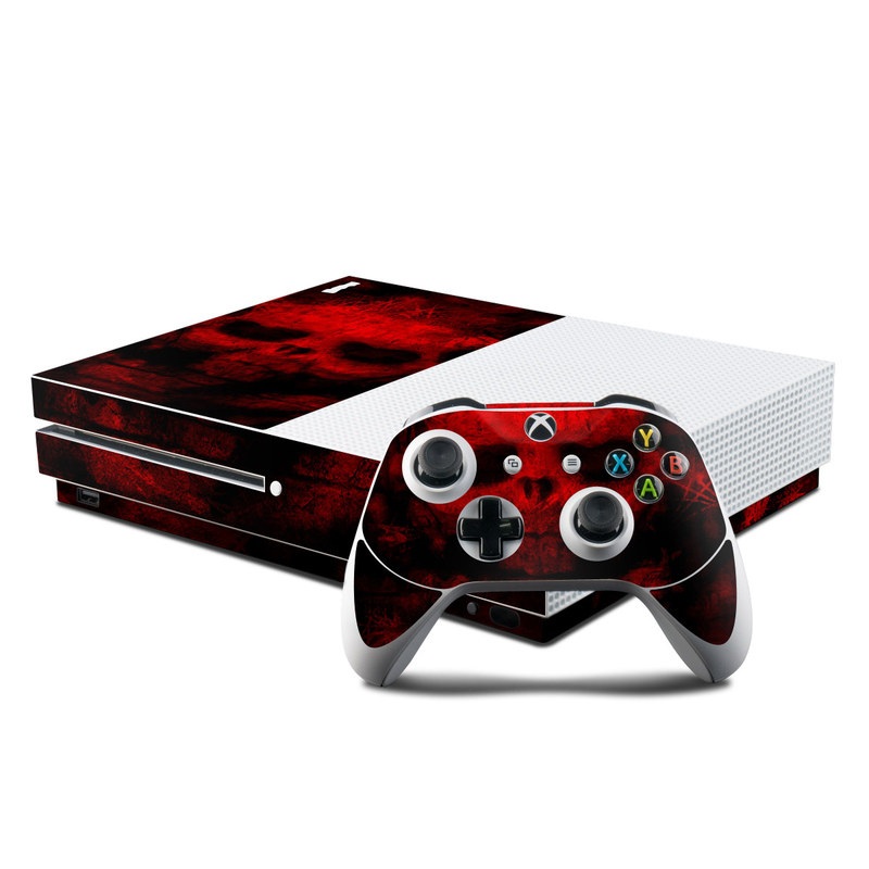 Xbox One S Skin design of Red, Skull, Bone, Darkness, Mouth, Graphics, Pattern, Fiction, Art, Fractal art with black, red colors