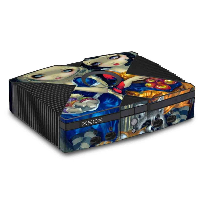Old Xbox Skin design of Doll, Cartoon, Illustration, Cat, Art, Fawn, Toy, Fictional character, Whiskers, with blue, yellow, red, orange, gray colors