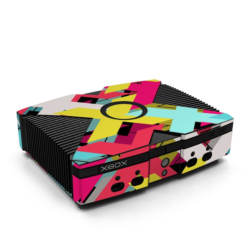 Old Xbox Skin design of Pattern, Graphic design, Line, Design, Triangle, Font, Illustration, Magenta, Visual arts, with yellow, blue, white, black, red, pink colors