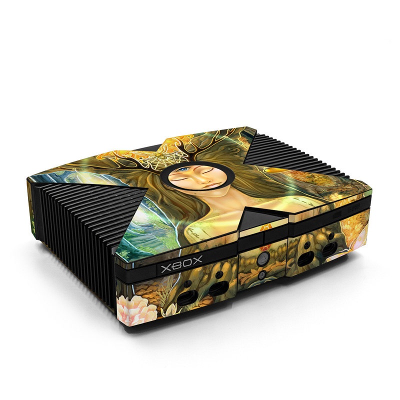 Old Xbox Skin design of Painting, Art, Illustration, Plant, Fictional character, Mythology, Cg artwork, Visual arts, Glass, Drawing, with yellow, green, brown, pink, orange, black colors