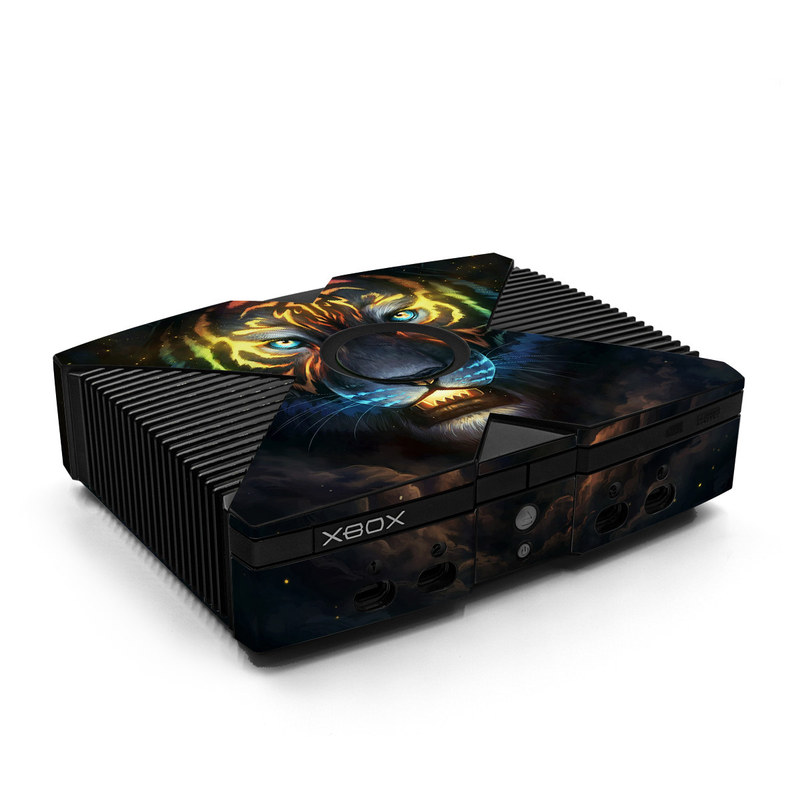 Old Xbox Skin design of Felidae, Vertebrate, Carnivore, Organism, Painting, Roar, Bengal tiger, Big cats, Art, Whiskers, with black, yellow, orange, red, green, purple, blue colors