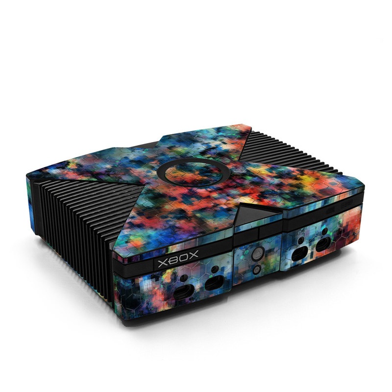 Old Xbox Skin design of Blue, Colorfulness, Pattern, Psychedelic art, Art, Sky, Design, Textile, Dye, Modern art, with black, blue, red, gray, green colors