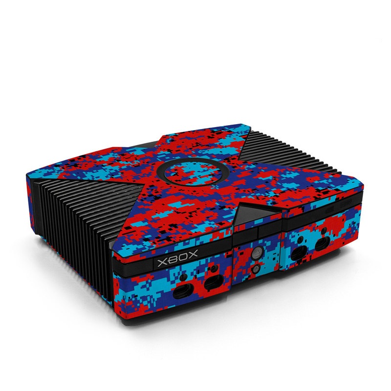 Old Xbox Skin design of Blue, Red, Pattern, Textile, Electric blue, with blue, red colors